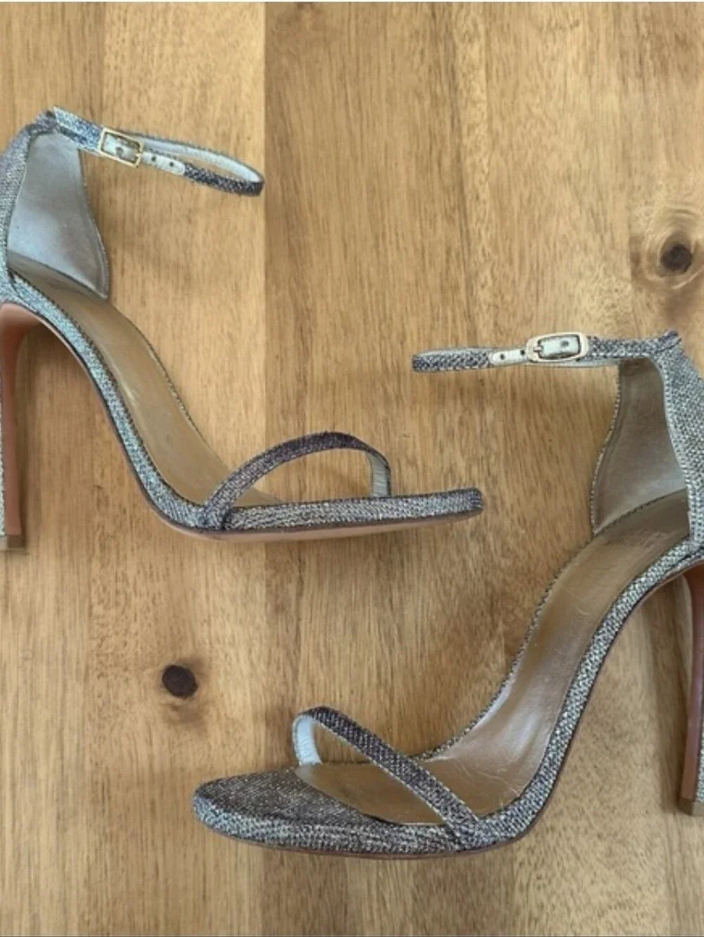 Stuart Weitzman Nudist Ankle Strap Heels Sandal in Platinum Noir, Size 9